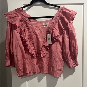 Women's Pink Ruffle V-Neck Blouse with Three-Quarter Sleeves